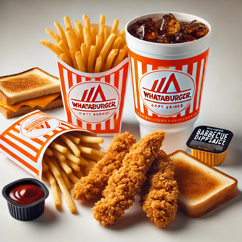 Group Ordering 4 DALL·E 2025 03 08 07.29.12 A Whataburger meal featuring crispy golden brown chicken tenders a side of French fries in an orange striped Whataburger container a cup of barbecue