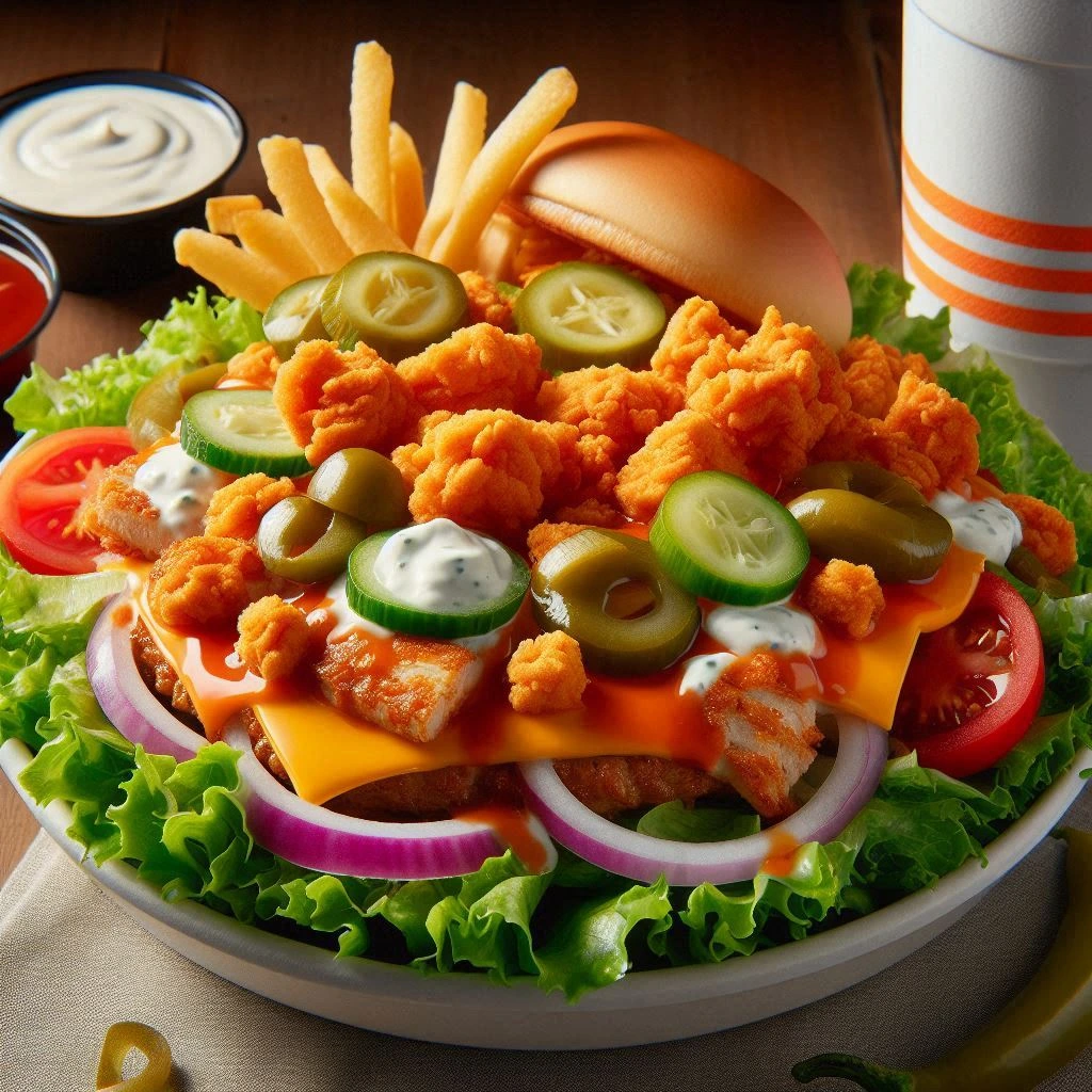 Buffalo Ranch Chicken Salad Whataburger: Price, Calories & How to Make It at Home 2 Buffalo Ranch Chicken Salad, Whataburger salad, spicy chicken salad, healthy fast food, crispy chicken salad, ranch dressing, salad bowl, protein-rich meal, chicken and greens, fast casual salad, Whataburger Buffalo Ranch Chicken Salad