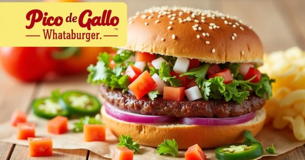 Pico de Gallo Whataburger – A Zesty Twist in Every Bite 2 Pico de Gallo Whataburger, Whataburger toppings, fresh salsa burger, Whataburger jalapeño mix, tangy burger addition, Whataburger veggie topping, tomato onion jalapeño, custom burger toppings, Whataburger Southwest flavor, fast food fresh add-ons,